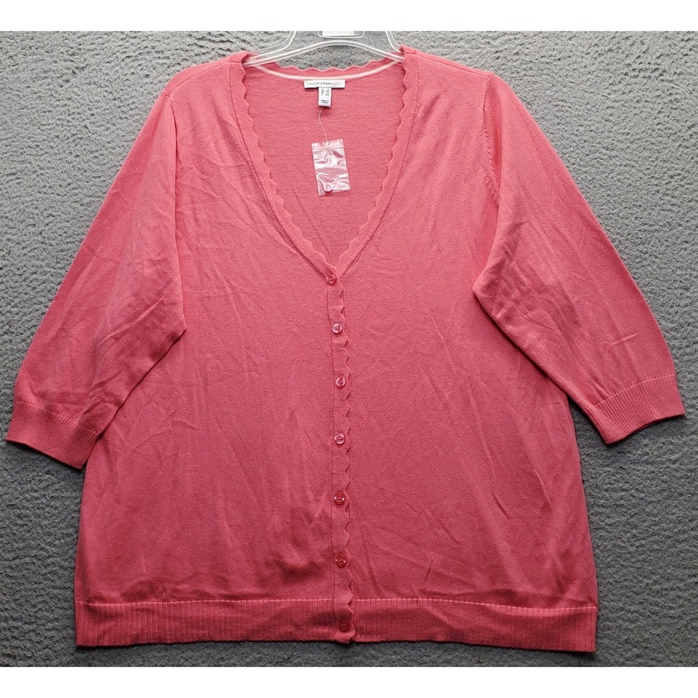 Isaac Mizrahi Live! Cardigan Women 1X Pink Knit Scallop Trim V-Neck Button Front